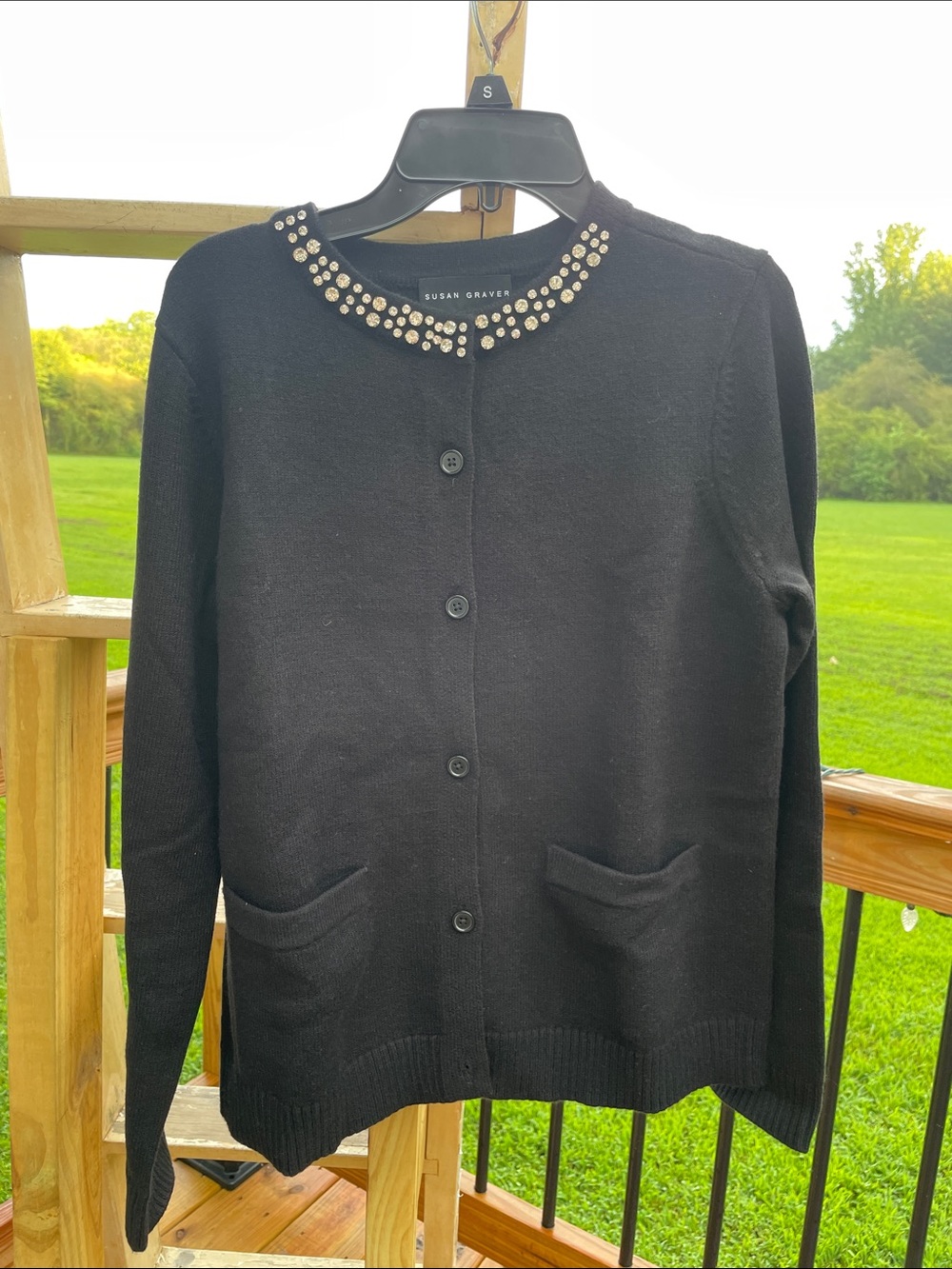 Susan Graver Black Crewneck Cardigan with Decorative Beaded Neckline